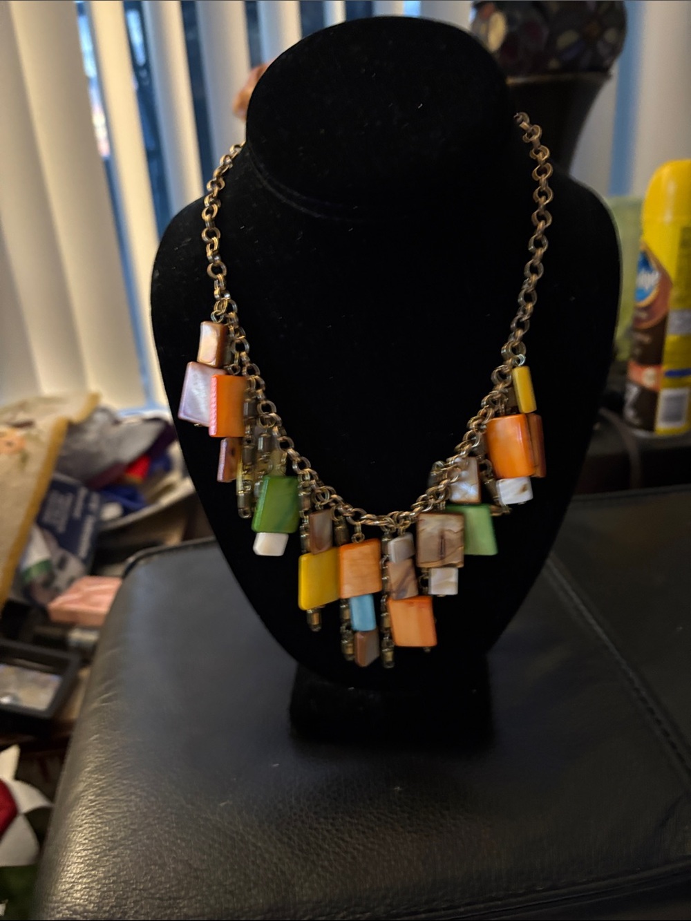 Statement Drop Necklace With Coloured shell Pieces And Gold Tone Necklace